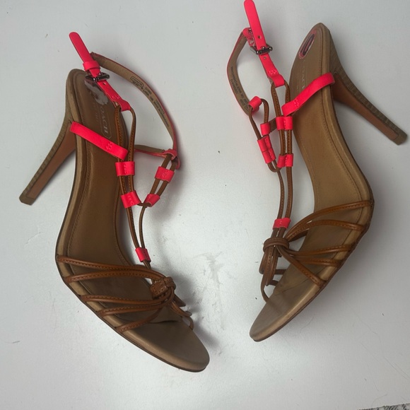 ‼️CLEARANCE!!! Couch Tan Strappy Neon Orange Strap Lana Leather Skinny Heel 10‼️ - Picture 9 of 16
